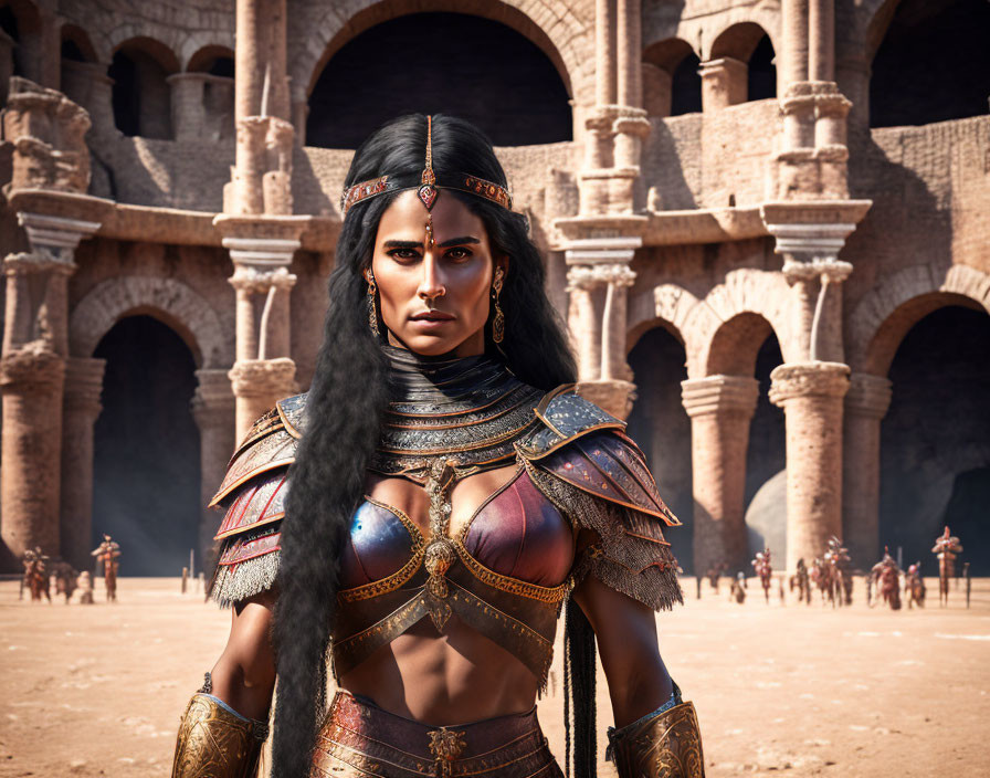 Warrior woman in elaborate armor in ancient arena