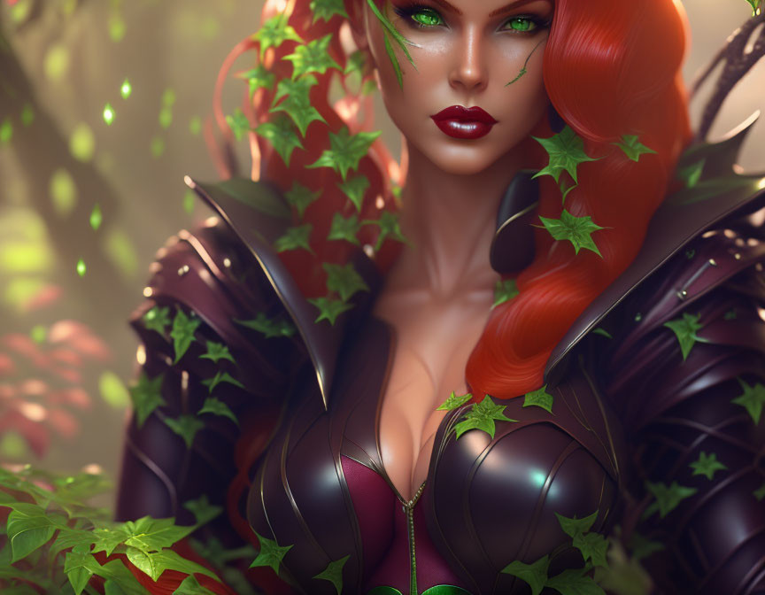 Fantasy character digital art: vivid red hair, green ivy, dark armor, enchanted forest.