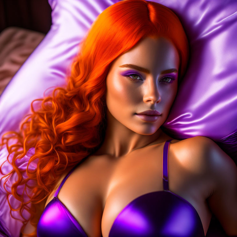 Striking Red-Haired Woman in Purple Makeup and Outfit on Pillow