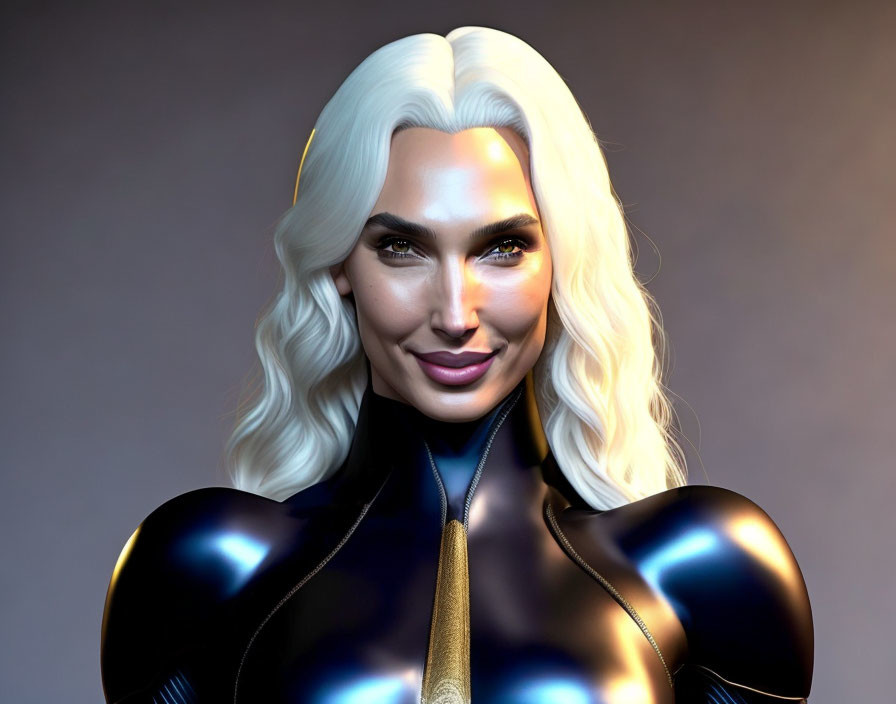 Stylized female character with platinum blonde hair in futuristic black suit