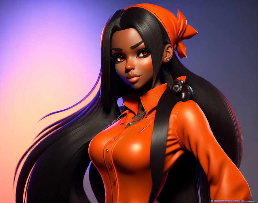 3D Rendered Woman with Long Black Hair in Orange Outfit