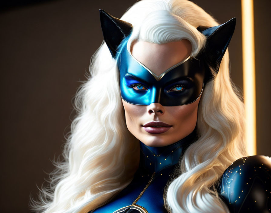 Blonde woman in superhero mask with wavy hair