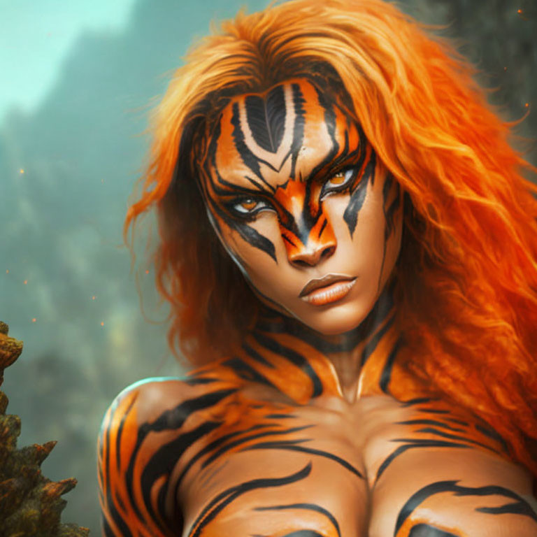 Woman with Tiger-Stripe Body Paint and Orange Hair in Misty Forest