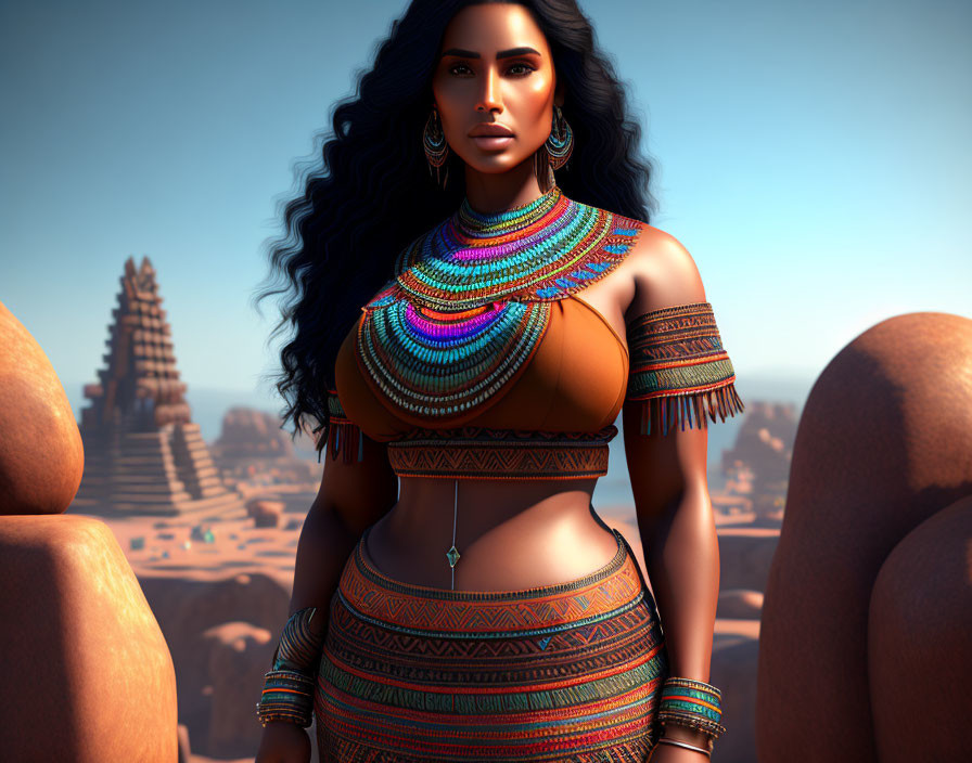 Voluminous Curly Hair Woman in Colorful Tribal Attire Desert Landscape