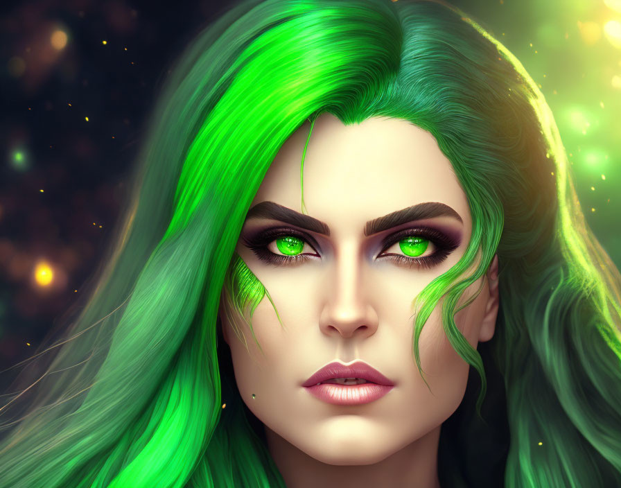 Vibrant green hair and glowing eyes on woman in digital art