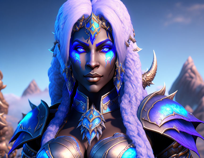 Blue-skinned female warrior in blue and gold armor against mountainous scenery