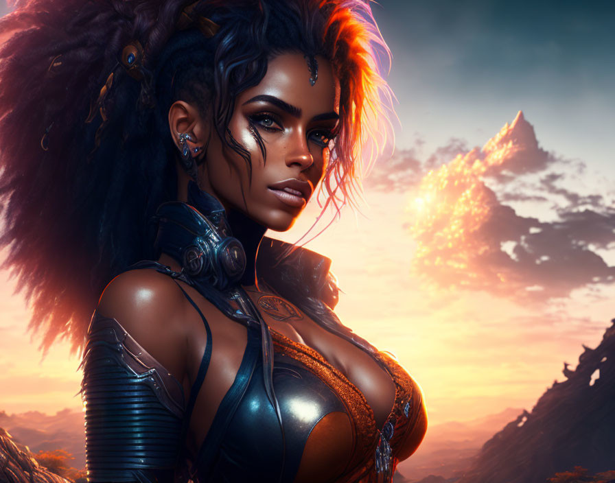 Futuristic warrior woman in intricate armor with glowing mountain peak