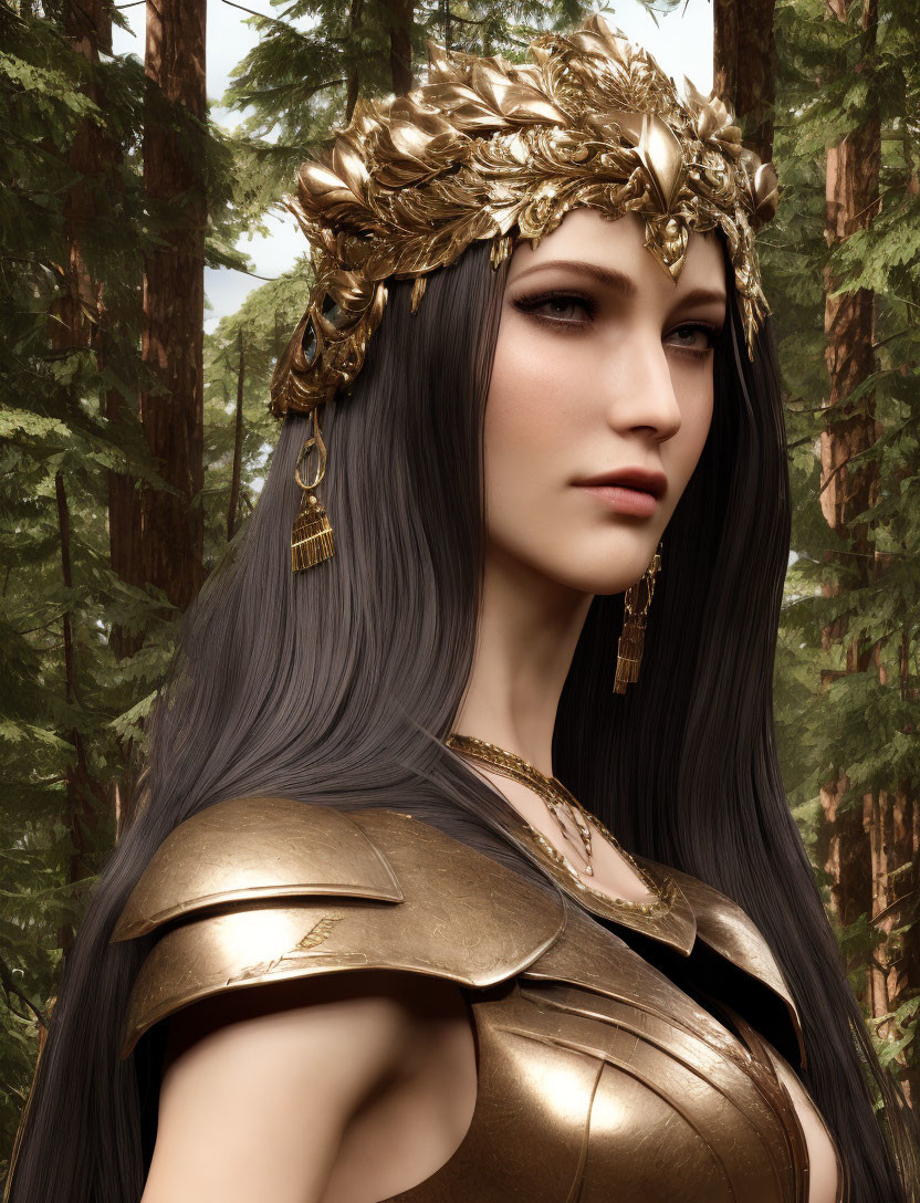 Majestic female figure in golden armor and crown before forest background