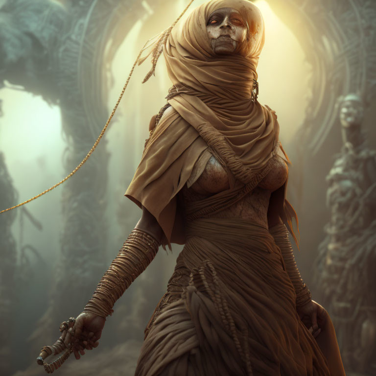 Mummified figure in draped garments with staff in foggy ruins