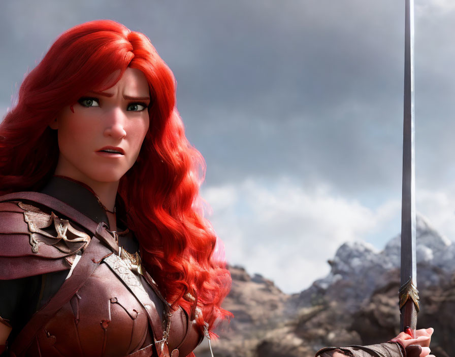 Animated warrior with red hair wields sword in detailed armor against stormy skies.