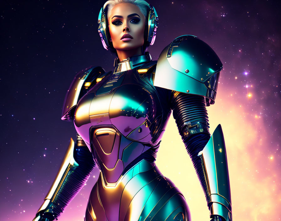 Female robot in metallic armor with neon accents on cosmic background