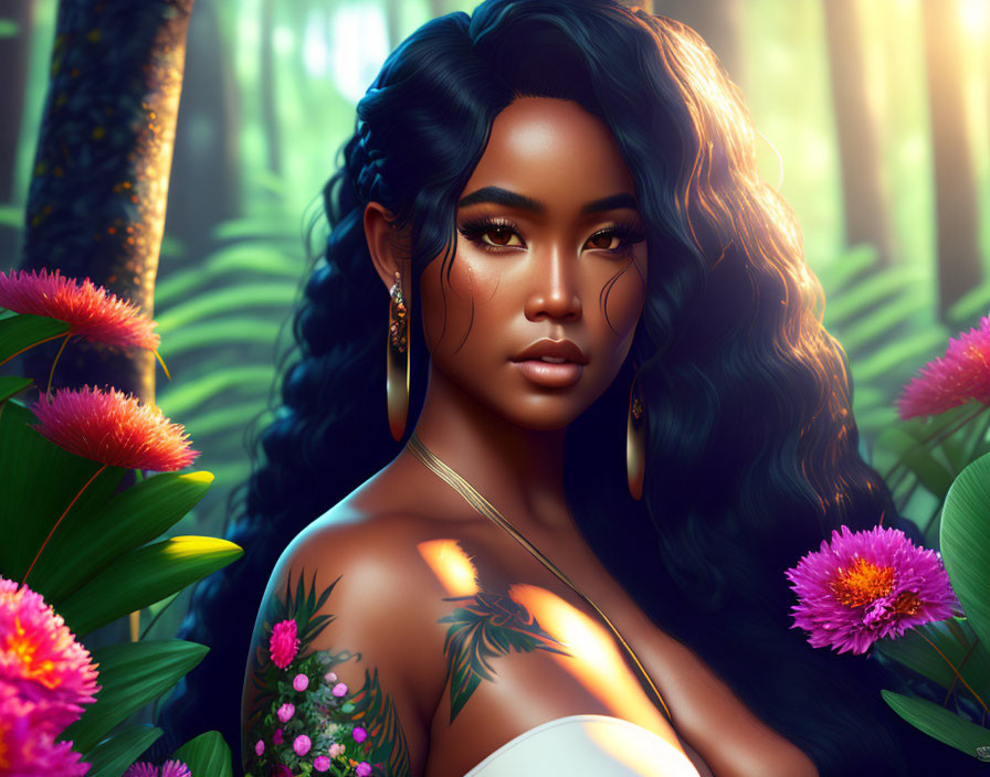 Digital artwork: Woman with dark hair, tattoos, lush vegetation, vibrant flowers