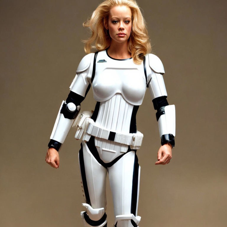 Confident woman in futuristic white sci-fi armor pose