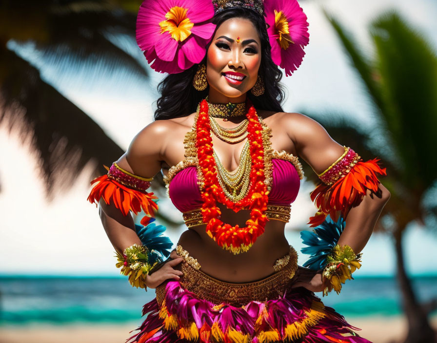 Colorful Hawaiian hula dancer in flowered costume smiling on beach