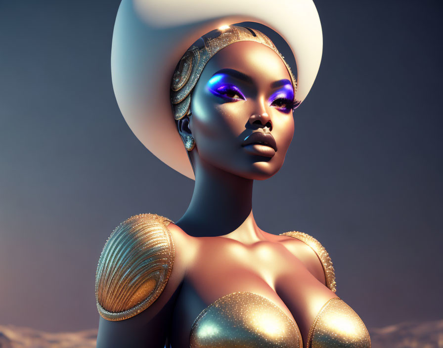 Stylized 3D illustration of woman with golden skin and purple eye makeup