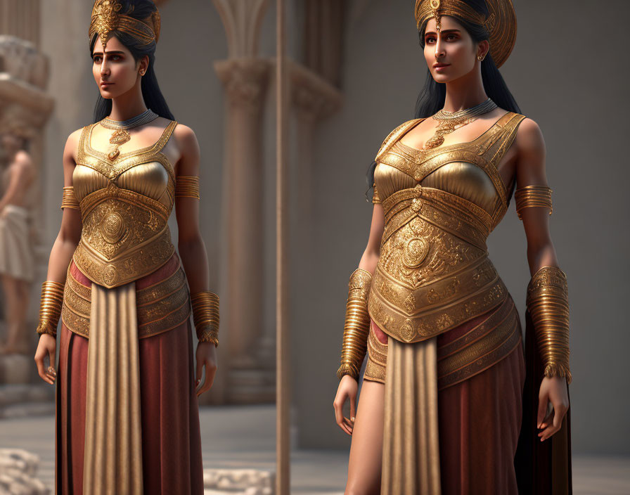 3D-rendered female warriors in golden armor with ancient temple background