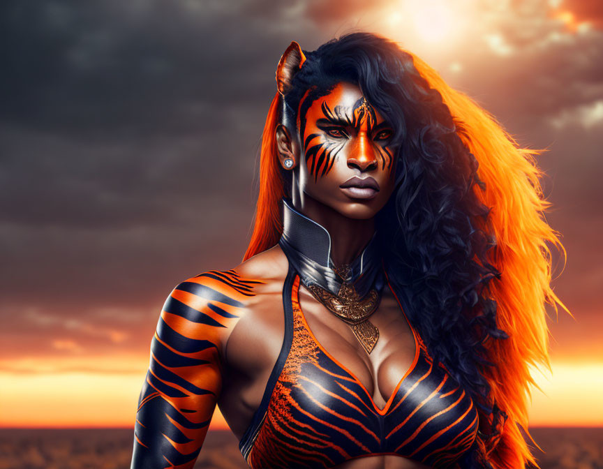 Woman with tiger body paint and orange hair against dramatic sunset sky