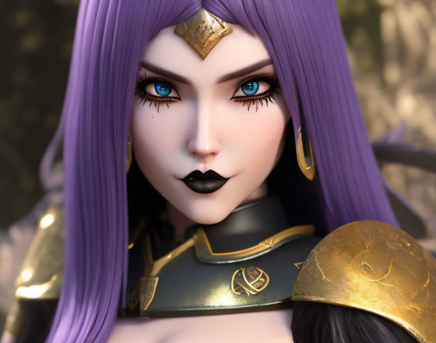 Detailed 3D female character illustration with purple hair, blue eyes, black lipstick, and golden armor