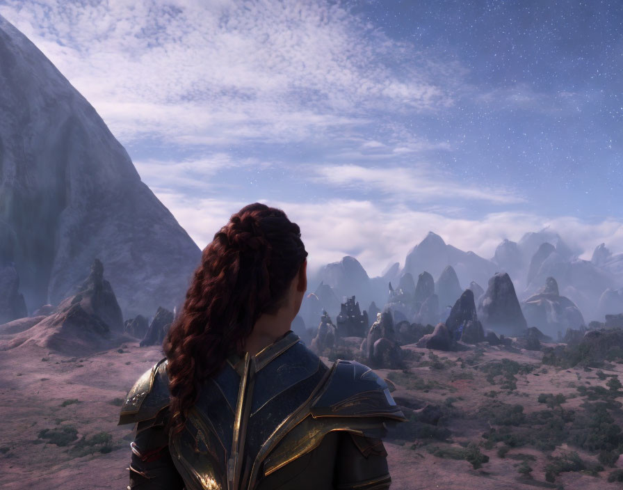 Braided hair person in armor gazes at mystical landscape