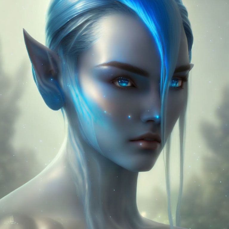 Ethereal blue-skinned female elf with glowing features on starry backdrop