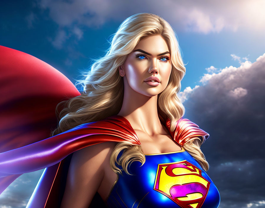 Blonde Superhero with Red Cape and Blue Suit in Dramatic Sky