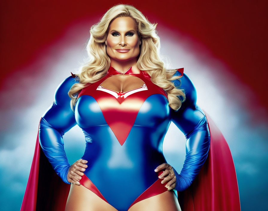 Superhero in red cape and blue bodysuit with bold emblem on chest on vibrant background