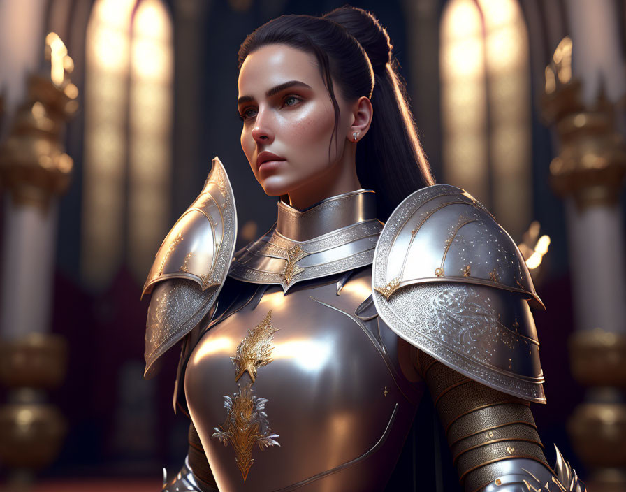 Digital 3D illustration: Woman in ornate silver and gold armor with long dark hair