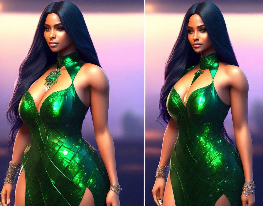 Digital art portrait of woman in green halter-neck dress with long black hair