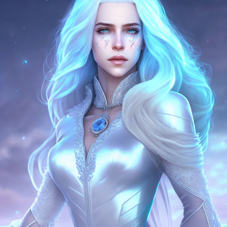 Digital illustration of woman with glowing blue hair, piercing eyes, ethereal skin, and crystalline markings