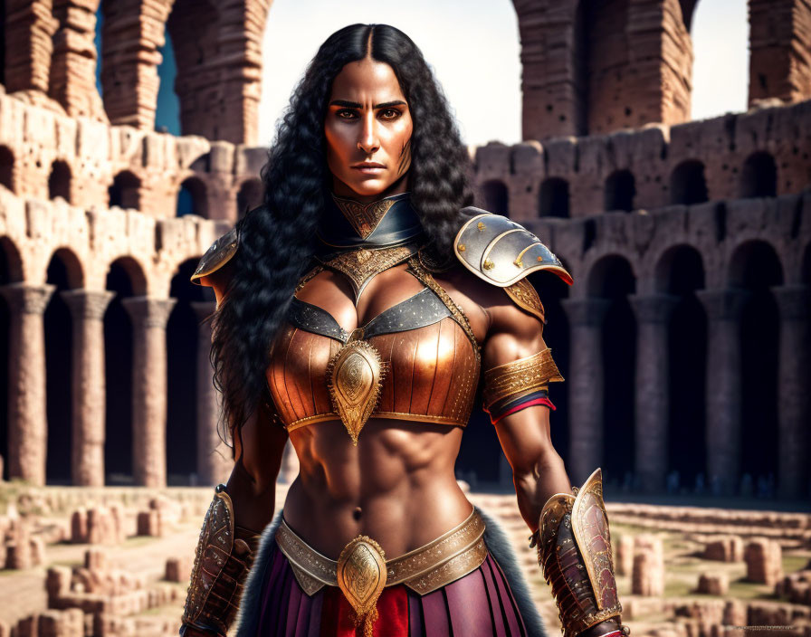 Female warrior in bronze armor exudes strength in ancient arena