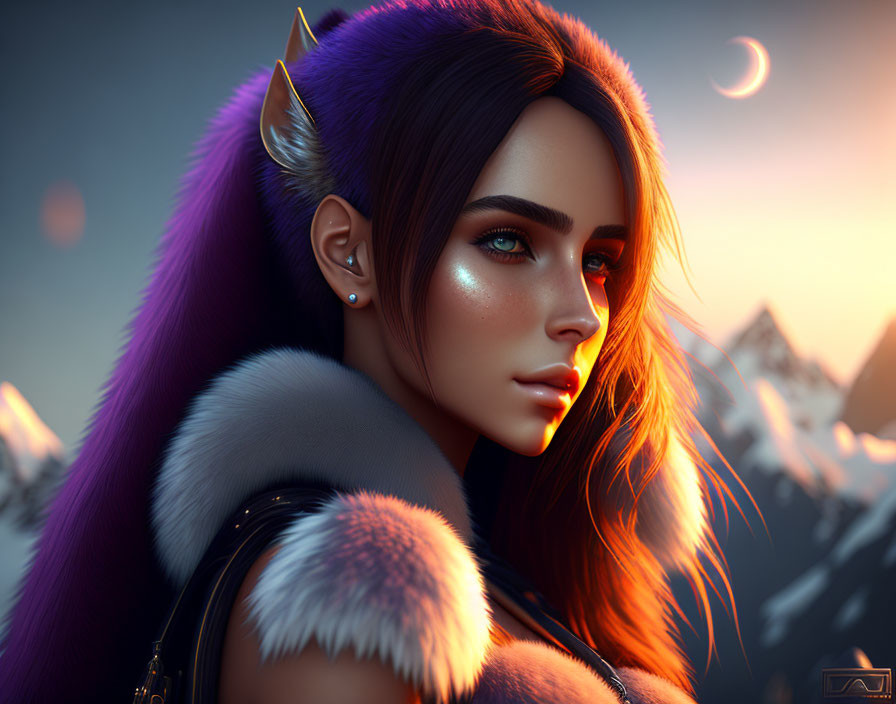 Fantasy digital artwork of female character with elf-like ears, purple hair, fur coat, mountains,