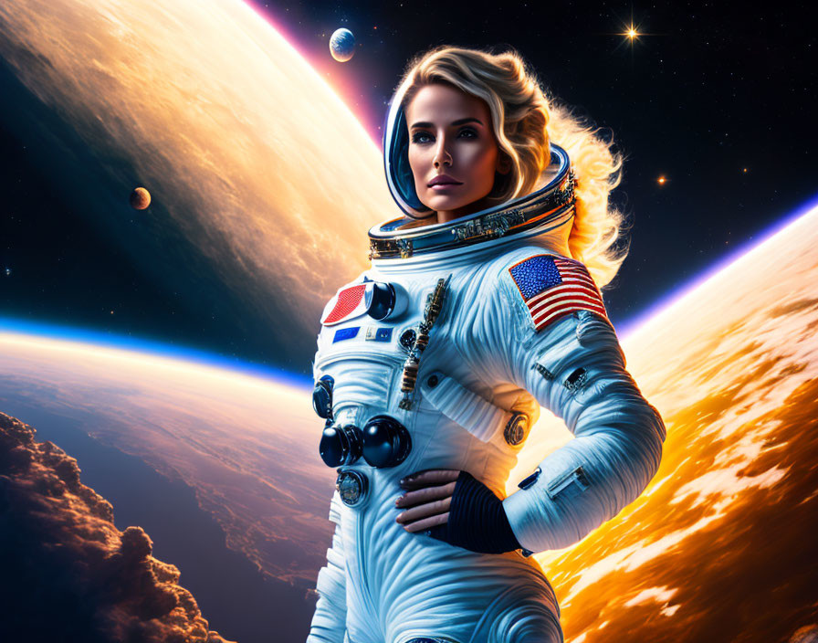 Female astronaut in space suit against cosmic backdrop with Earth and stars.