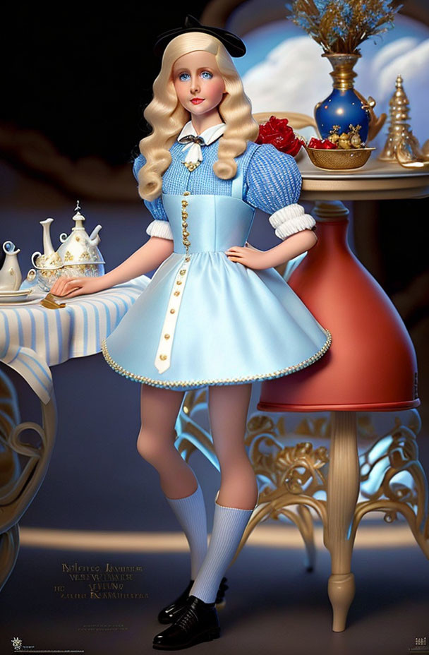 Porcelain doll resembling Alice from "Alice in Wonderland" with tea set against dark blue background