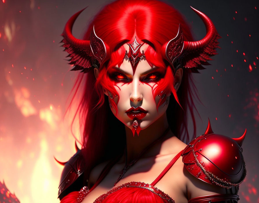 Red-skinned demoness with horns in fiery backdrop