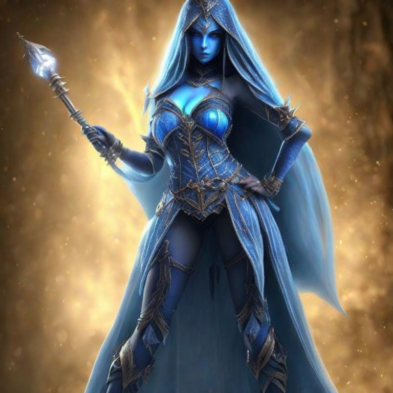 Blue-skinned mystical female in ornate armor with staff on golden background