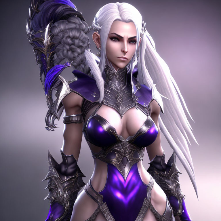 Fantasy character with white hair, pointed ears, purple armor