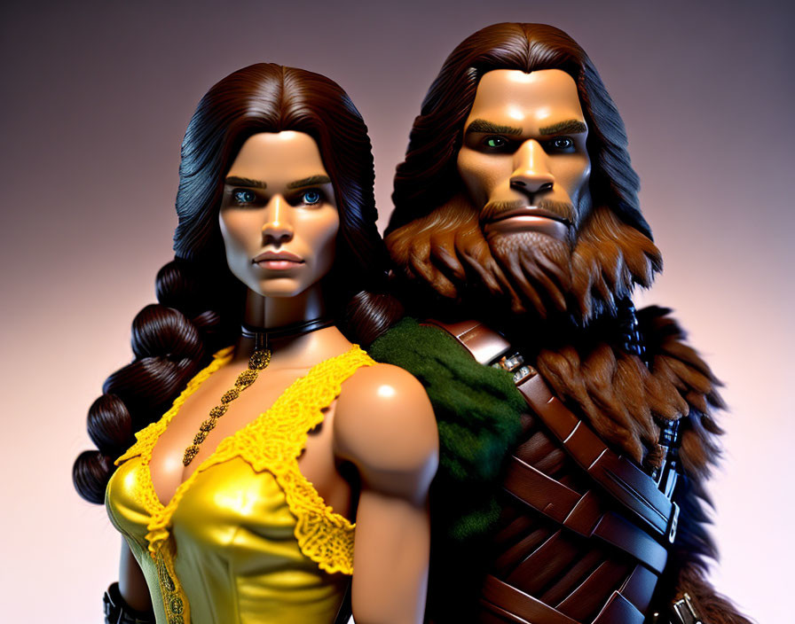 Realistic stylized figurines: female with braided hair in yellow dress, male with beard in