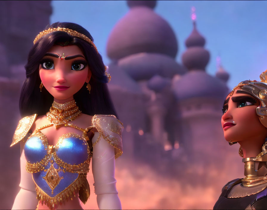 Two animated female characters in Middle-Eastern attire, one blue, one gold, against a mystical city