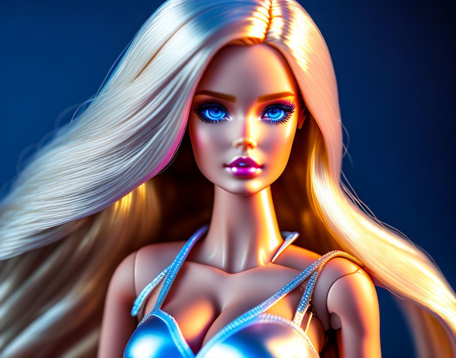 Blonde Barbie doll with blue eyes in dramatic lighting