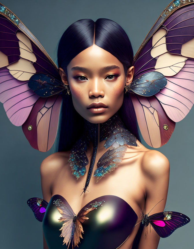 Digital artwork featuring woman with butterfly wings for ears and butterflies on shoulders and chest on gray background