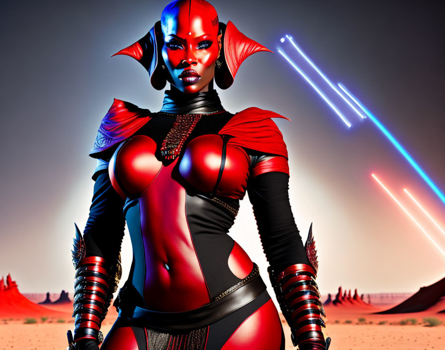 Futuristic woman in red and black armor with horns in desert landscape