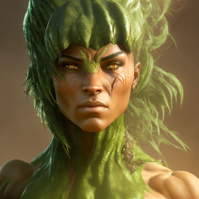 3D digital art of female humanoid plant with green leaf skin and hair