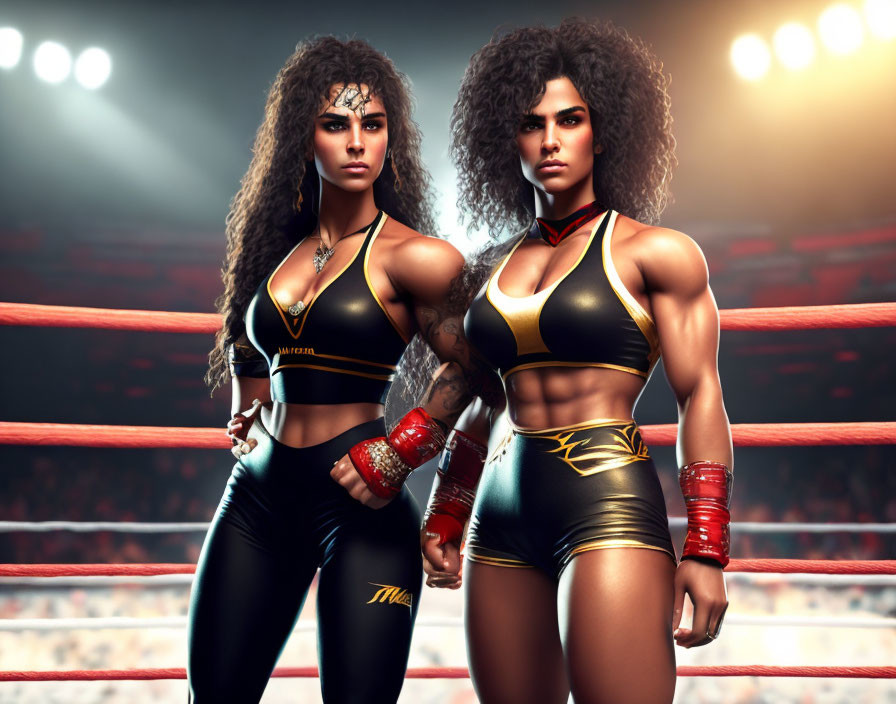 Two athletic female characters in black and gold fighting attire in a boxing ring.