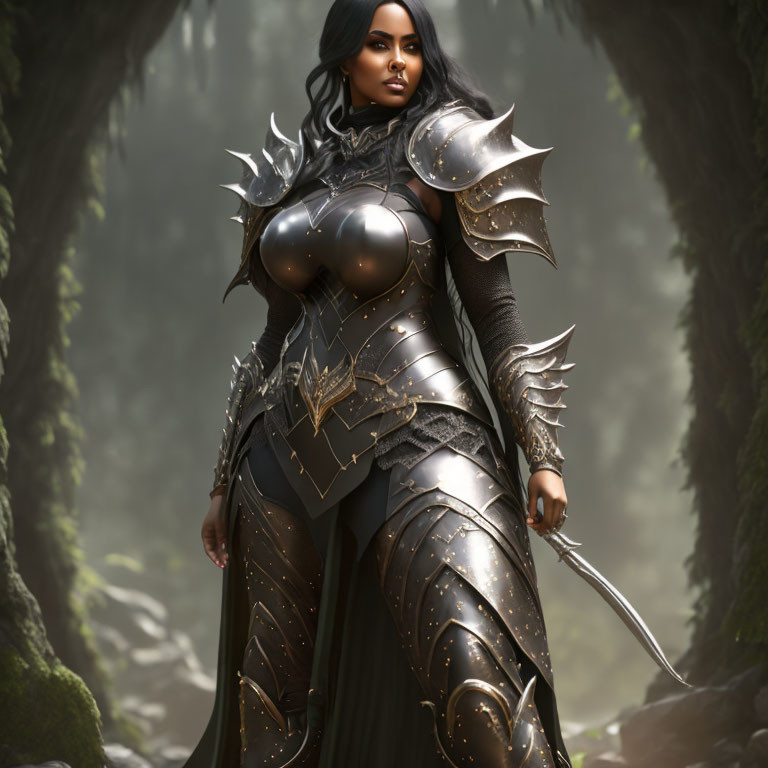 Warrior woman in black and silver armor with sword in misty forest