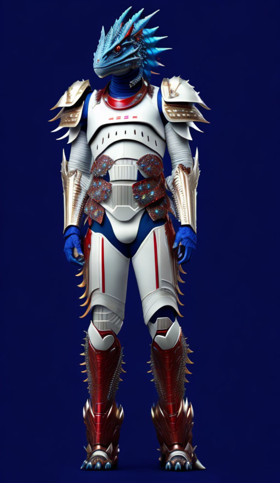 Armored humanoid figure with dragon-like head in white, red, and gold.