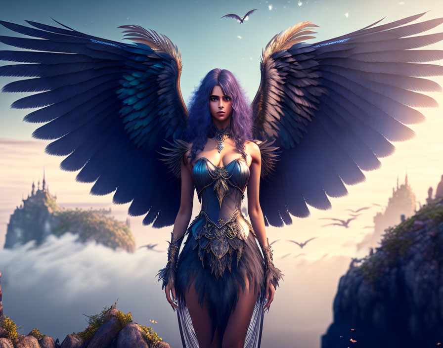 Fantasy artwork: Woman with majestic dark wings in armor, mountain landscape at dusk