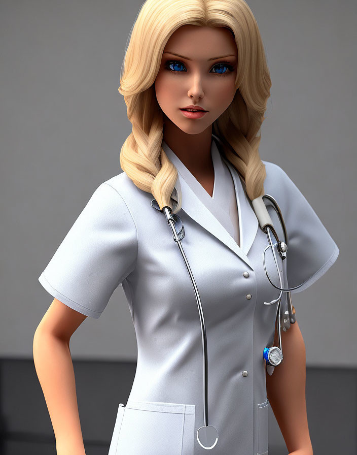 Blonde Nurse in White Uniform with Stethoscope on Grey Background