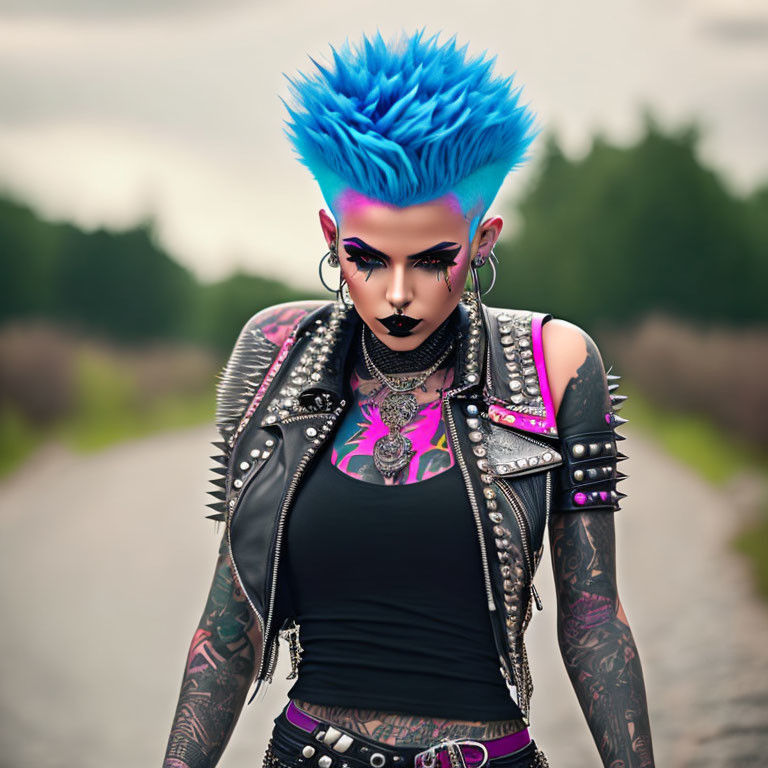 Colorful punk person on road with nature background