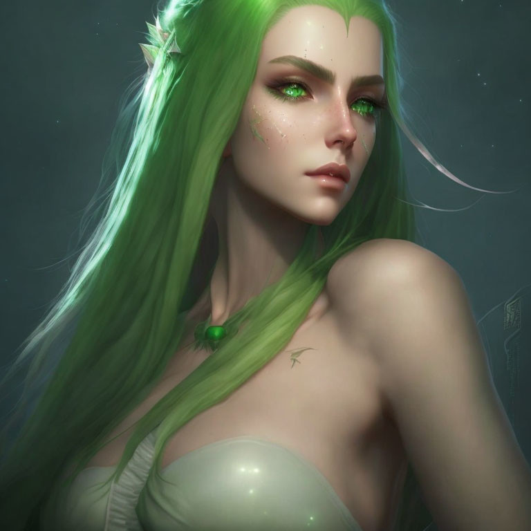 Fantasy illustration of female with green hair and pointed ears