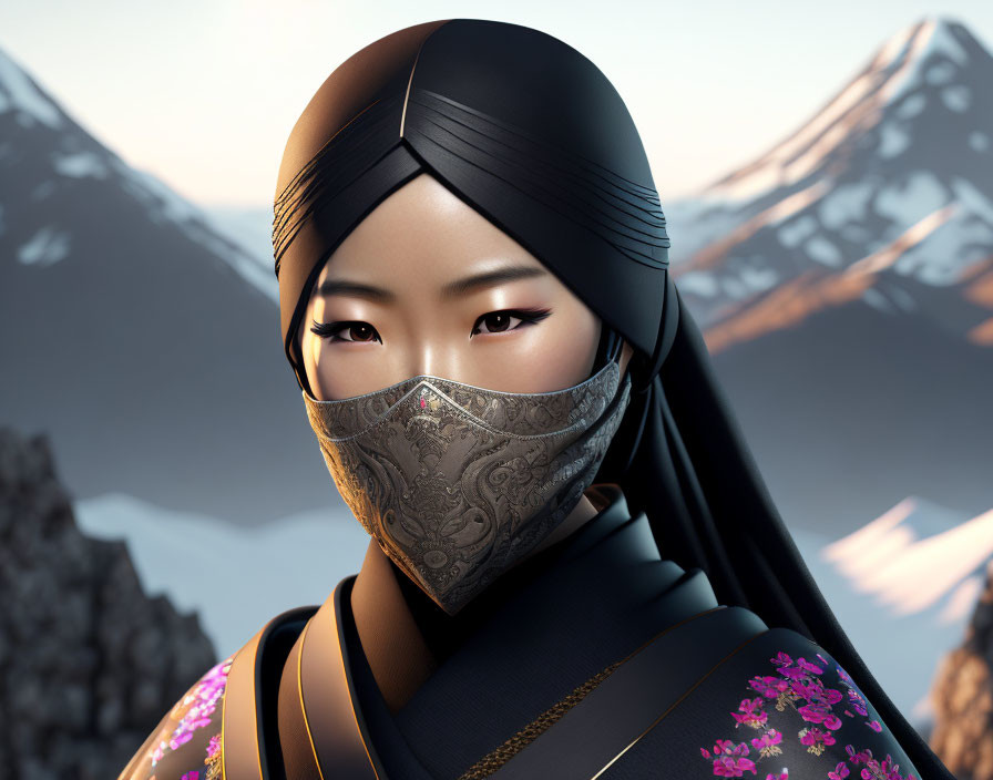 Digital illustration: Woman in traditional attire with patterned mask, mountain backdrop